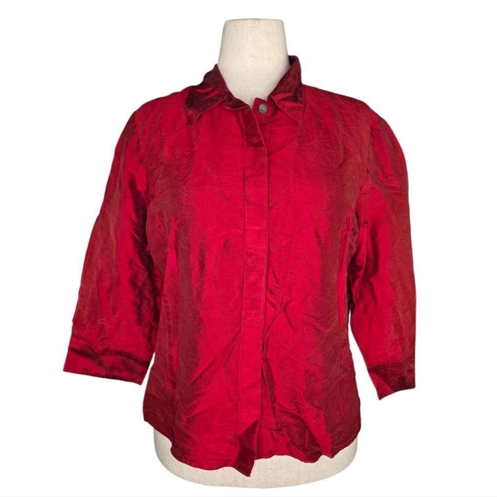 Betu 100% Silk Ruby Red Textured Button Blouse Size 14 Workwear Holiday Top